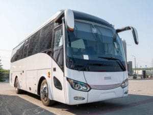 White intercity bus in the parking lot